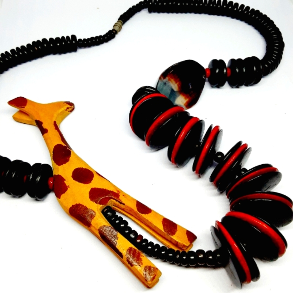 Hand Carved Wood Giraffe  Beaded Black Red Vintage Statement Necklace 20" Long